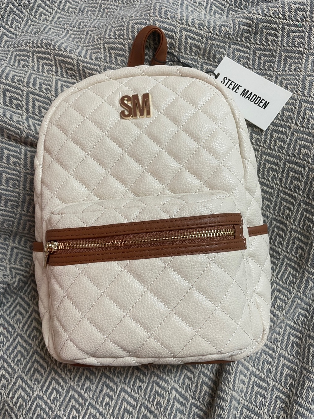 Steve Madden Quilted Cream/Bone Mini Backpack with Brown Trim
